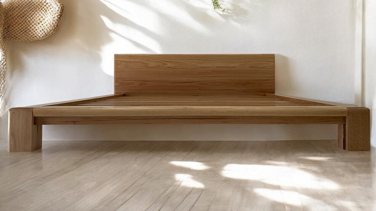 Chunk bed frame in natural Blackbutt timber, queen size