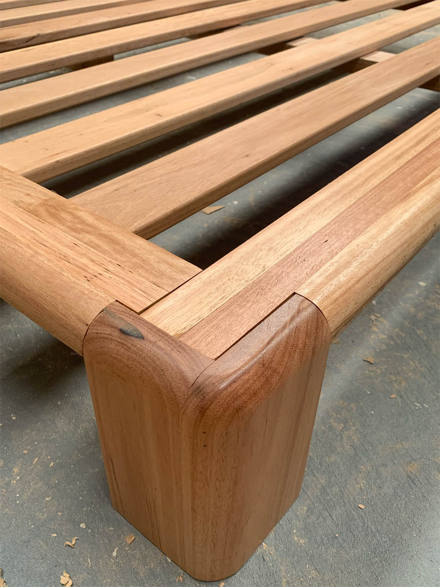 Hidden Japanese joinery detail in Dorluxure Chunk solid hardwood bed frame