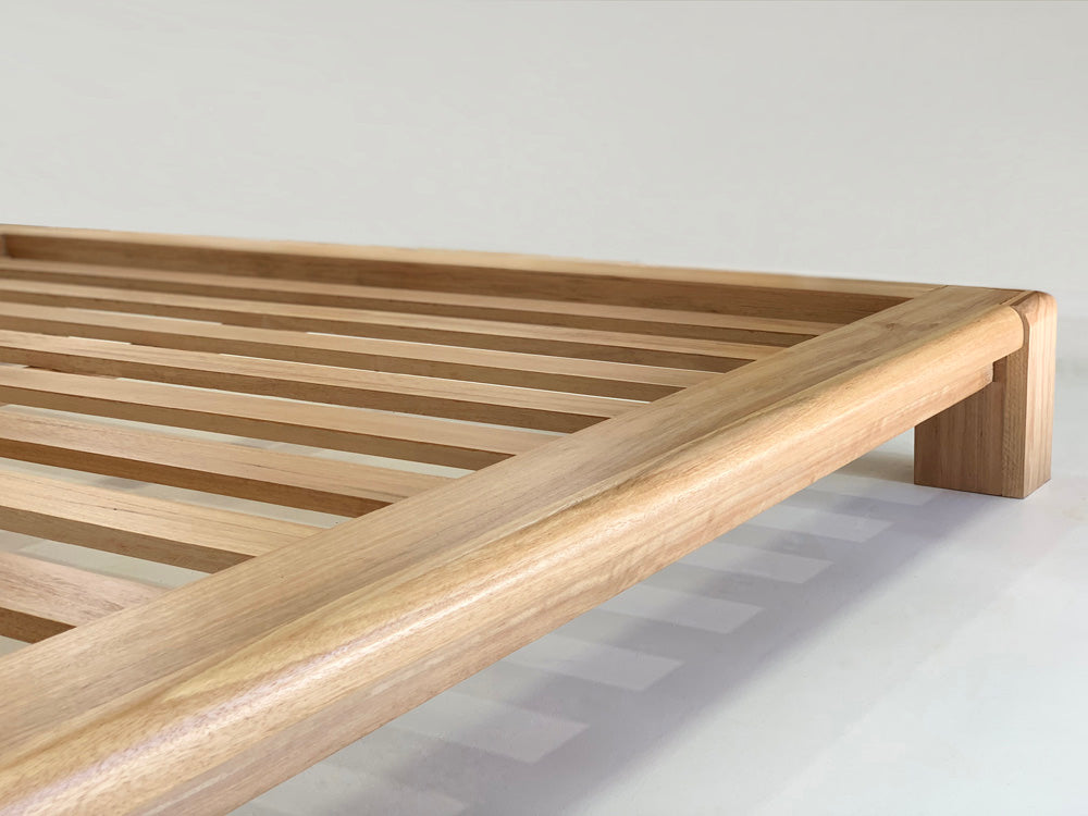 Chunk hardwood bed frame in natural Blackbutt wood finish