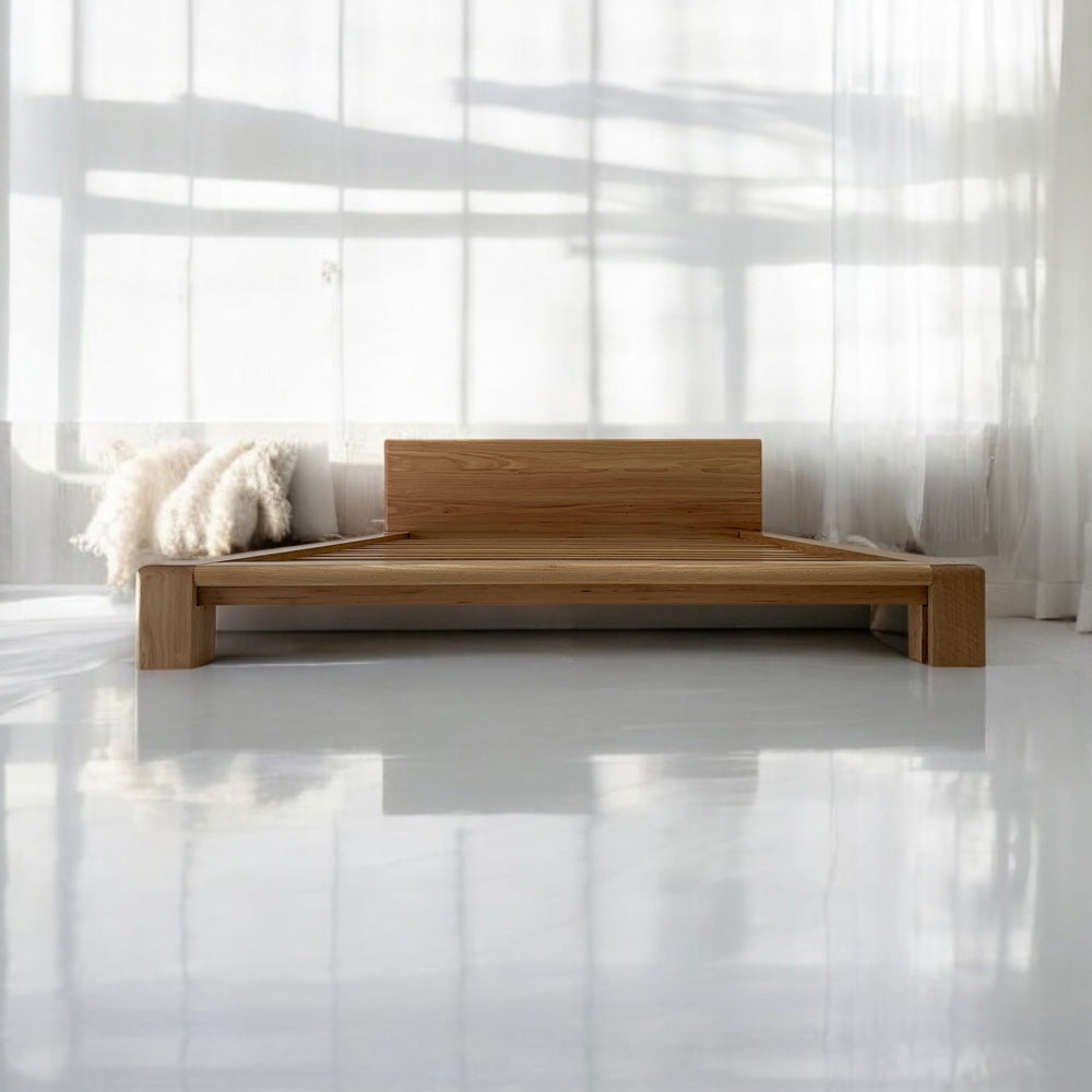 Chunk platform bed frame for modern and rustic bedroom interiors