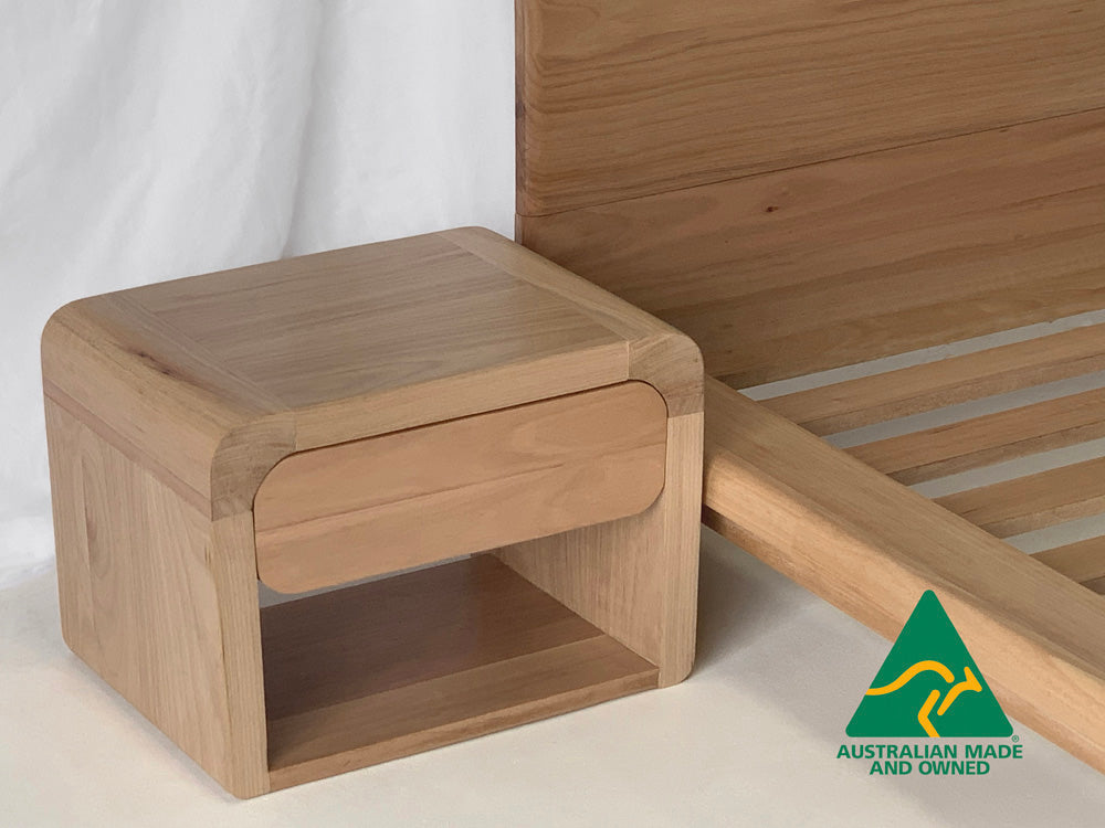 Solid timber bedside table with single drawer and open shelf