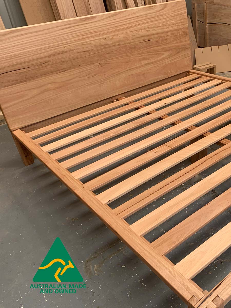 Close-up of the one-piece hardwood slats on Castle Joint hardwood bed frame