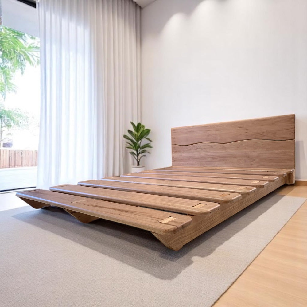 Close-up of Japanese joinery on Ark Blackbutt wood bed frame